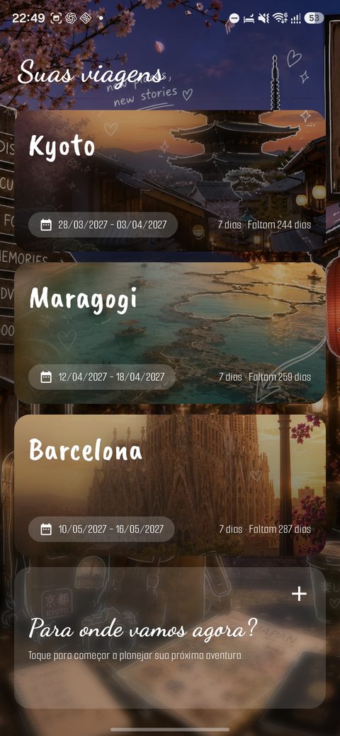 Tela “Suas viagens” do Travel+, com vários destinos em cards.