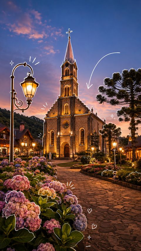 Capa ilustrada de Gramado: uma igreja de pedra iluminada ao entardecer, entre hortênsias e araucárias.