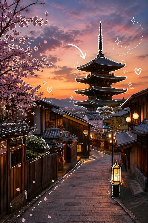Capa ilustrada de Kyoto: um pagode ao fim da tarde no alto de uma ladeira de casas tradicionais com cerejeiras.