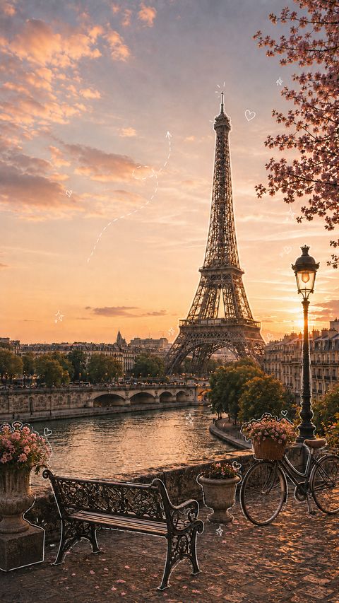 Capa ilustrada de Paris: a Torre Eiffel ao pôr do sol vista do Sena, com um banco de ferro e cerejeiras.