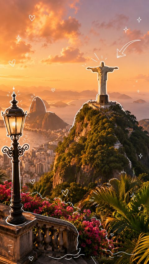 Capa ilustrada do Rio de Janeiro: o Cristo Redentor no Corcovado ao pôr do sol, com o Pão de Açúcar ao fundo.