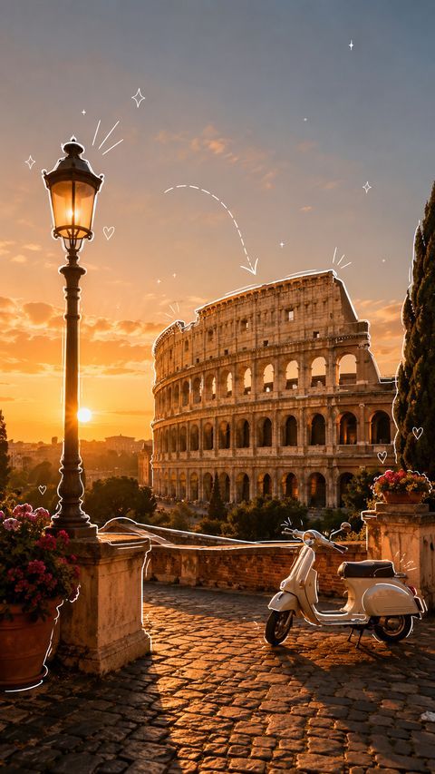 Capa ilustrada de Roma: o Coliseu ao entardecer visto de uma rua de paralelepípedos, com uma lambreta.